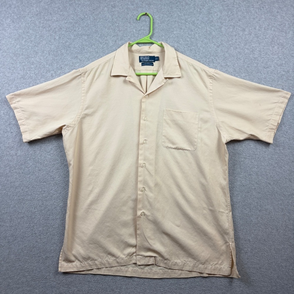Polo Ralph Lauren Caldwell Shirt Mens Large Ivory Silk Cotton Camp Loop Collar